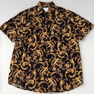 Ricky & Micky Black Gold Baroque Button Up Shirt Men’s L Short Sleeve Ornate